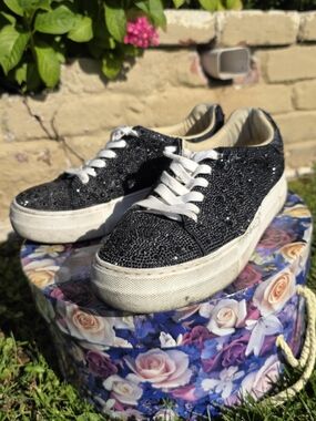 Betsey Johnson Black Sequin Platform Sneakers with White Soles, Size 8